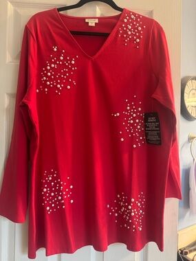 Avenue Red V-Neck Long Sleeve Top with Pearl Embellishments